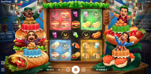 Imagem do slot Food Feast da Evoplay, mostrando os rolos com símbolos de pratos deliciosos.