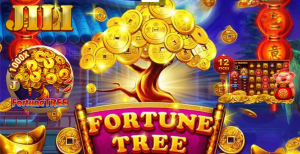 Árvore da fortuna no jogo Fortune Tree, com moedas douradas e prêmios mágicos caindo
